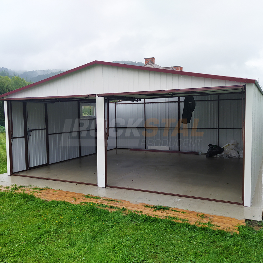 Garaż blaszany 6x6 m + 2 bramy uchylne, biały - obrazek 3