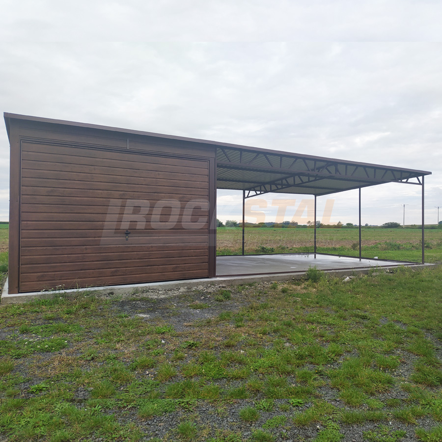 Garaż drewnopodobny orzech 3x6 m + wiata 6x6 m - obrazek 2