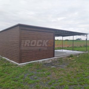 Garaż drewnopodobny orzech 3x6 m + wiata 6x6 m