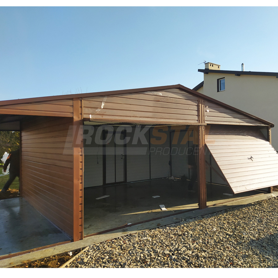Garaż blaszany drewnopodobny 6x6 m + wiata 2x6 m